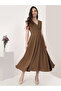 Brown Cap Sleeves Rushed Fit And Flare Midi Dress - 3