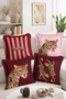 Set of 4 Fringed-Tasseled Throw Pillow Covers with Leopard and Cheetah Figures and Burgundy Pink Striped Design - 2