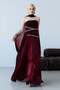 Burgundy Strapless Crystal Stone Embellished Draped Shawl Detailed Long Evening Dress - 2