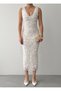 Women's White Midi Dress V-Neck Sleeveless 3D Rose Appliqué Fitted Dress - 3