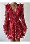 Women's Red Mini Dress V-Neck Floral Patterned Ruffled Backless Poplin - 2