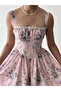 Women's Pink Mini Dress with Floral Pattern, Straps, Lace Detail, Flared Cut - 7