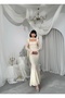 Women's Beige Lace Dress Square Neck Long Sleeve Shawl Long Evening Dress - 5