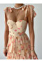 Women's Beige Floral Patterned Strappy Bowknot Layered Flounce Midi Dress - 4