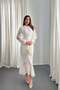 Women's White Chiffon Front Gathered High Neck Long Sleeve Slit Midi Dress