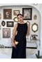 Women's Black Midi Dress Boat Neck Sleeveless Lace Embroidered Flared Cut
