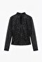Women's Black Stand Collar Sequined Long Sleeve Backless Fit Blouse - 3
