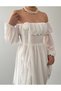 Women's White Mini Dress Chiffon Boat Neck Balloon Sleeves Gathered Flounces - 7