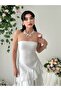 Women's Ecru Strapless Collar Flounce Slit Detailed Long Evening Dress - 5