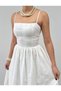 Women's Ecru Strappy Scallop Textured Square Neck Gathered Waist Long Dress - 4