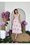 Women's Pink Floral Patterned Strappy Lace Detailed Bow Midi Dress - 4