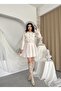 Women's Ecru Jacket-Skirt Set with Bow and Buttons, Pleated Mini Textured Two-Piece Set - 4