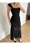 Women's Black Lace Detailed Off-The-Shoulder Asymmetrical Cut Long Evening Dress - 4