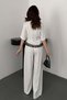 Women's White Top and Bottom Set with Striped Lace Detail, Double-Breasted Tie-Up Wide-Leg Blouse and Trousers Set - 5