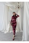 Women's Burgundy Draped Long Sleeve Round Neck Midi Evening Dress - 4