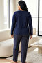 Navy Blue Patterned Embroidered Cotton Lycra Large Size Oversized Knitted Pajama Set26240907 - 3
