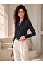 Women's Black Double-Breasted V-Neck Blouse with Shoulder Padding and Drawstring Detail in Sandy Fabric - 3