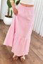 Women's Pink Long Skirt with Elastic Waist, Layered, Gathered, Muslin Cotton, A-Line - 2