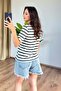 Women's White Striped Crew Neck Short Sleeve Regular Basic T-Shirt - 5