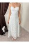 Women's Blue Floral Embroidered Thin Strap Heart Neckline Lined Maxi Tulle Dress - 3