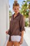 Light Brown Shirt Collar 3/4 Sleeve Buttoned Pocketed Tie-Waist Back Brodeled Cotton Woven Blouse 65 60 - 6