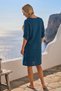 Dark Blue V-Neck 3/4 Sleeve Lined Embroidered Casual Cotton Woven Dress with Hidden Pockets 107 55 - 8