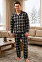 Plaid Pattern Long Sleeve Shirt Collar Buttoned Men's Pajama Set - 3