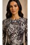 Women's Gray Leopard Patterned Crew Neck Basic Blouse with Finger Loop Detail in Soft Elastane Fabric - 2