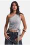 Women's Blue Brown Polka Dot Single Sleeve Strap Waist Tie Design Blouse - 6