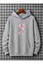 Oversize Winter Women's Hooded Sweatshirt with Pink Ribbon Print