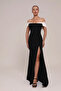 Women's Low Sleeve Deep Slit Wide Size Range Long Evening Dress 8517 Black-White - 2