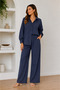 Women's Indigo Blue Suit Shirt with Elastic Waist and Wide Leg Pants Two-Piece Set
