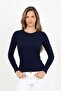 Women's Navy Blue Long Sleeve Ribbed Crew Neck Basic T-Shirt - H6161