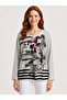 Women's Crew Neck Long Sleeve Printed Gray Blouse