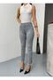 Women's Light Gray Jean Trousers High Waist Mom Style Cut-Out Leg with Tassel Detail - 6