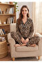 Women's Leopard Patterned Front Buttoned Shirt Collar 100% Cotton Milan Pajama Set - 2
