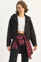 Women's Hooded Zippered Pocket Detailed Lined Suede Black Jacket