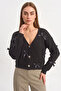 Women's V-Neck Oversize Buttoned Black Cardigan with Bow Accessories - 4