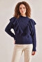 Women's Braided Openwork Knitwear Navy Blue Sweater - 2