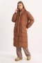 Women's Concealed Hooded Pocket Detailed Long Lined Puffer Brown Coat - 4