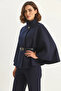 Women's Gold Button Detailed Belted Poncho Navy Blue - 2
