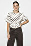 Women's Crew Neck Polka Dot Patterned Waist Fitted Short Sleeve Cream Brown Blouse - 5