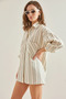 Women's Striped Double Pocket Linen Beige Green Shirt - 2