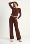 Women's Side-Tie Crop Top and Elastic Waist High-Waisted Trousers Wrinkled Brown Suit - 5