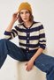 Women's Striped Knitwear Navy Blue Ecru Cardigan - 5