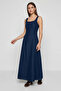Women's Wide Collar Strap Belted Flared Denim Navy Blue Dress - 4