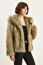 Women's Wide Collar Lined Short Faux Fur Beige Black Jacket - 4