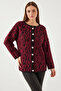 Women's Leopard Patterned Oversize Knitwear Claret Red Cardigan - 5