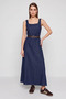 Women's Wide Collar Strap Belted Flared Denim Navy Blue Dress - 5