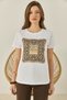 Women's Crew Neck Short Sleeve Stone Printed Leopard Detailed Regular Fit t Shirt White